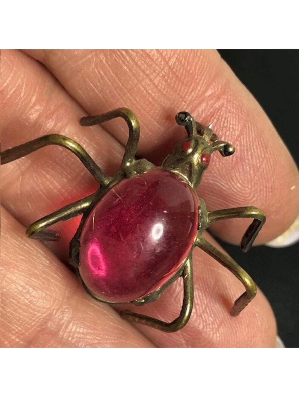 B1232 Vintage Insect Bug Brooch Pin ~1.75" L Pink Lucite Jelly belly Brass